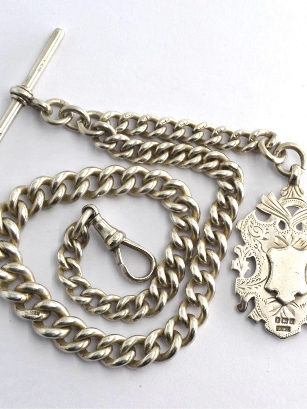 Edwardian Sterling Silver watch chain with fob, 1908 antique.